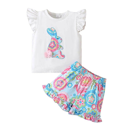 Toddler Girl 2-Piece Easter Outfits with Bunny Embroidery Top and Shorts Set for Spring Adorable Fly Sleeve Clothes - Estalios