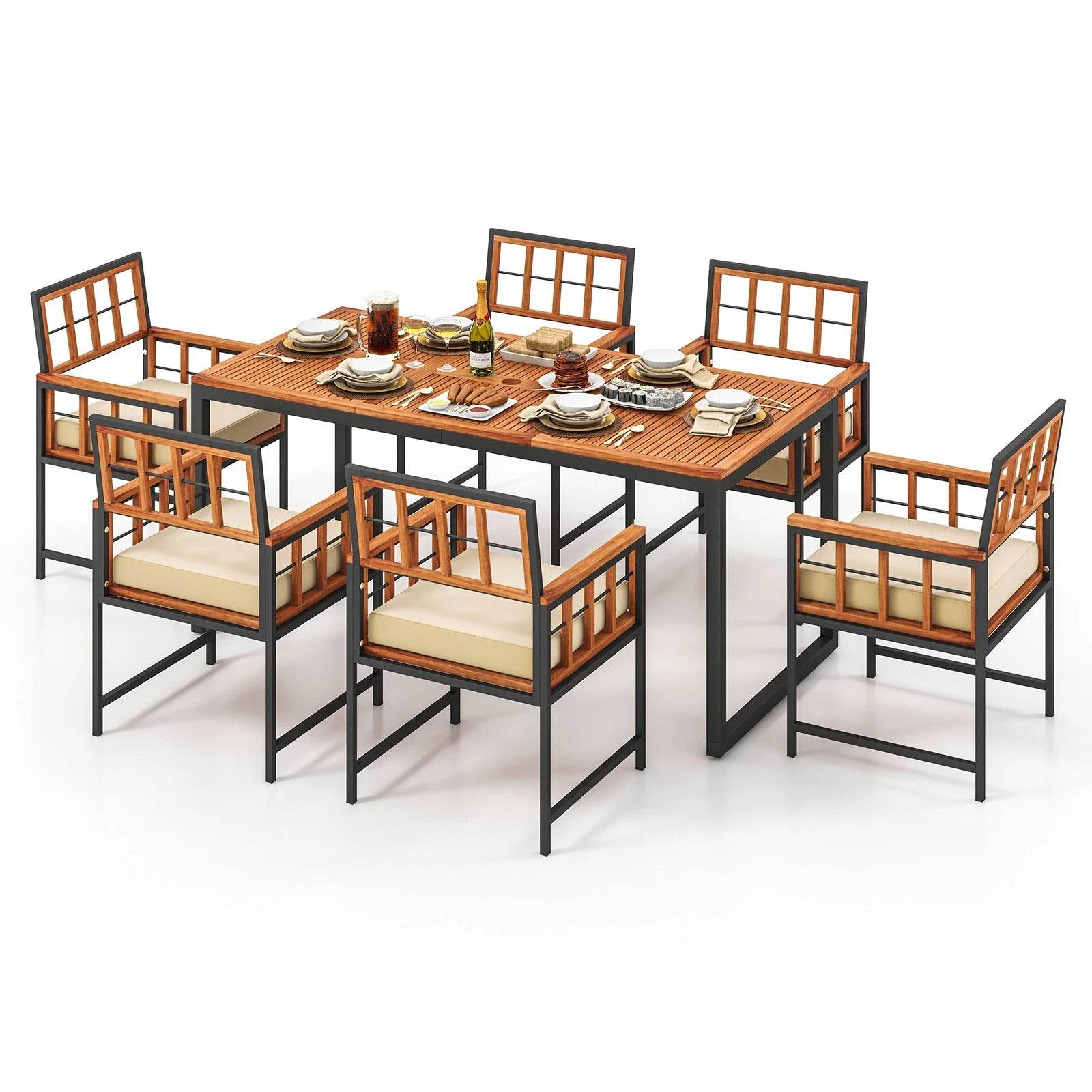 7 PCS Patio Dining Set with Acacia Wood Table and Cushions - Estalios