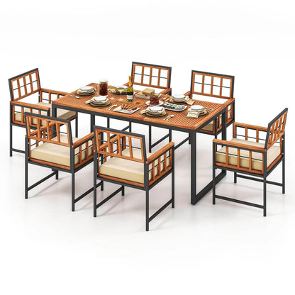7 PCS Patio Dining Set with Acacia Wood Table and Cushions - Estalios