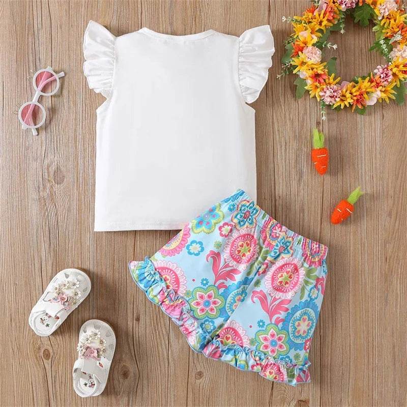Toddler Girl 2-Piece Easter Outfits with Bunny Embroidery Top and Shorts Set for Spring Adorable Fly Sleeve Clothes - Estalios