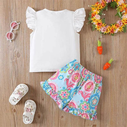 Toddler Girl 2-Piece Easter Outfits with Bunny Embroidery Top and Shorts Set for Spring Adorable Fly Sleeve Clothes - Estalios