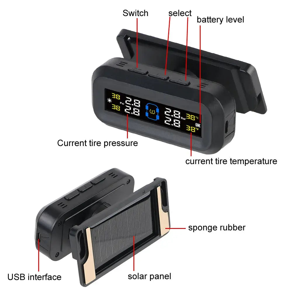 Solar-powered Tire Pressure Monitoring System with 4 sensors for better fuel savings.