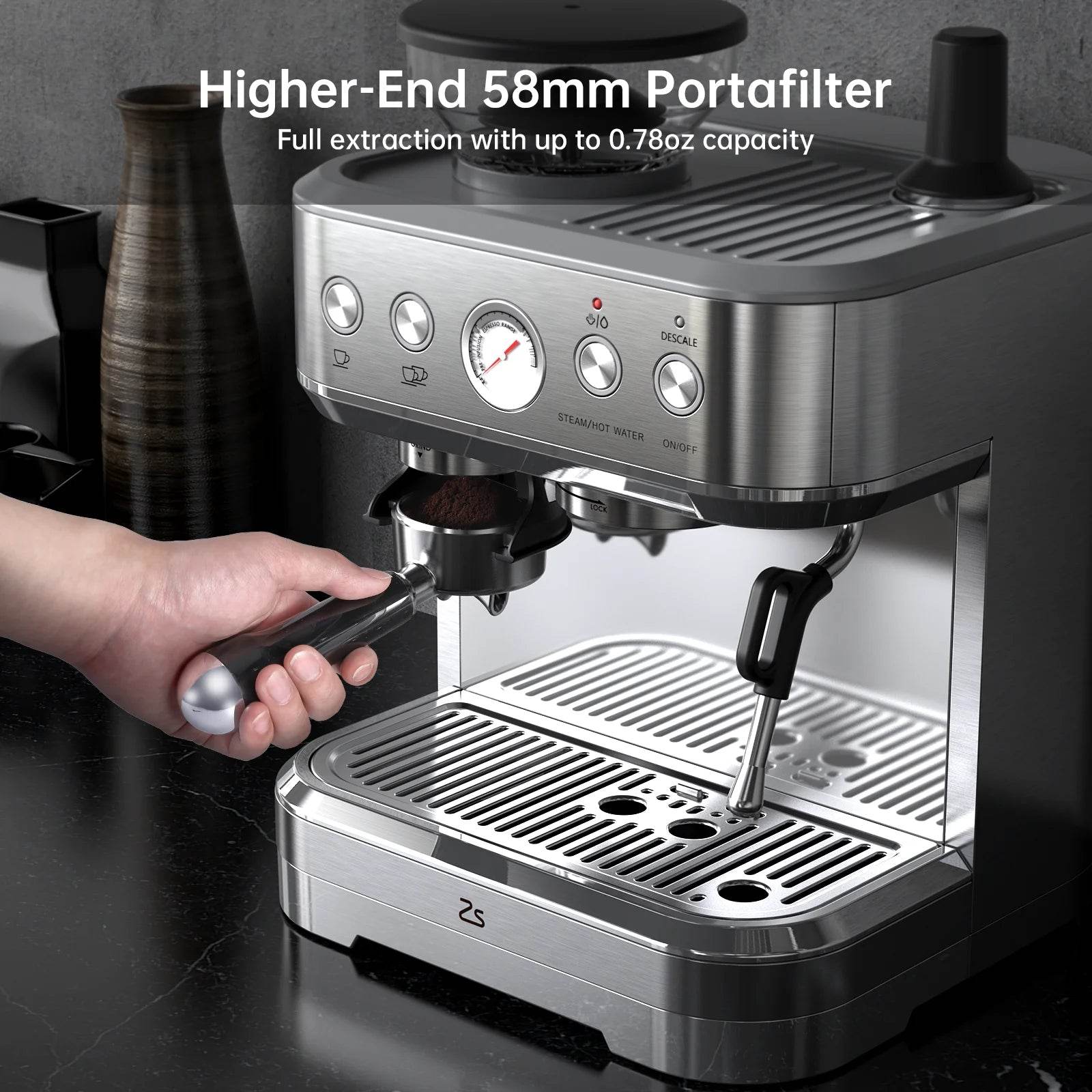 20 Bar Semi Automatic Espresso Maker with Grinder and Milk - Estalios