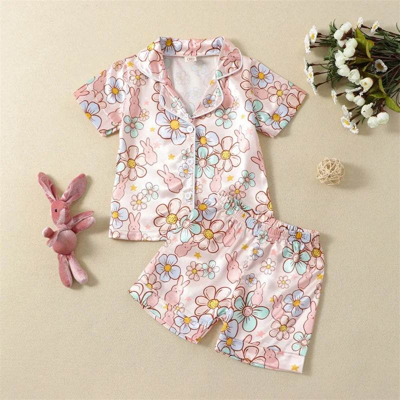 2Pcs Boys Easter Pajamas Set Long Sleeve Striped Print Button Down Shirts and Pants Set Loungewear for Kids - Estalios