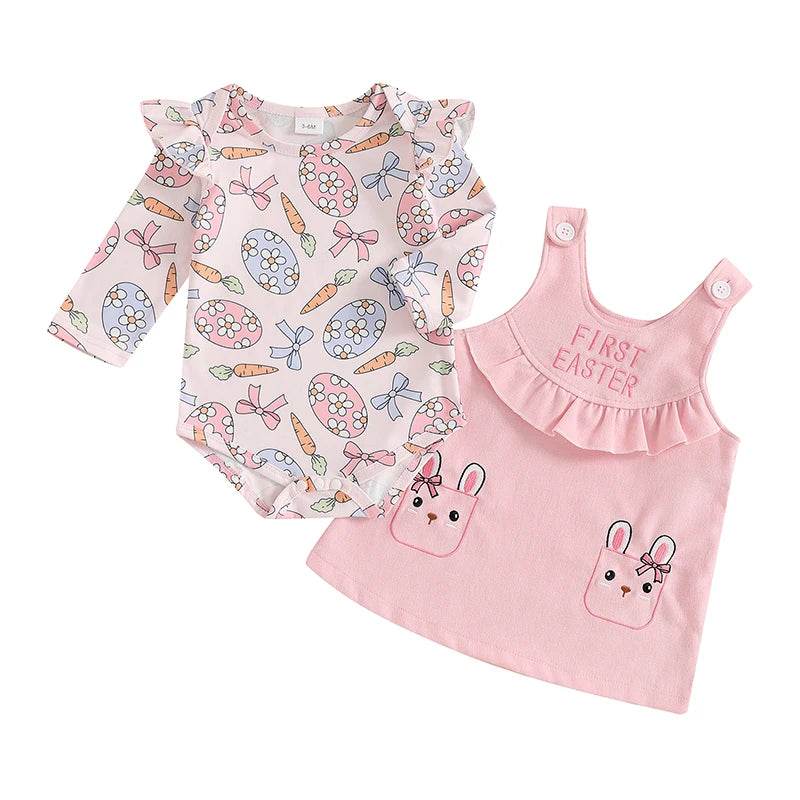 Toddler Boys Easter Outfits Chick Print Short Sleeves Romper with Carrot Embroidery Overall Shorts and Hat Set - Estalios