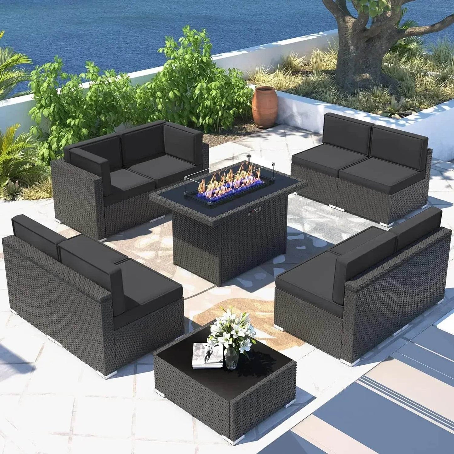 Patio Furniture Set Fire Pit Table Outdoor Sectional Sofa - Estalios