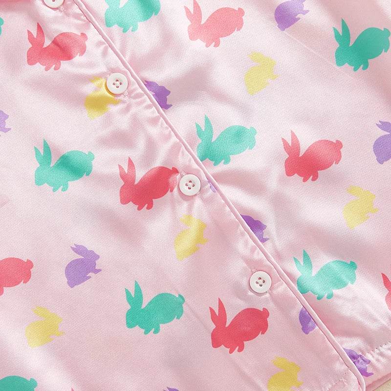 Women s Easter 2-Piece Pajama Set with Short Sleeve Lapel Bunny Print Shirt and Shorts for Comfortable Sleepwear - Estalios