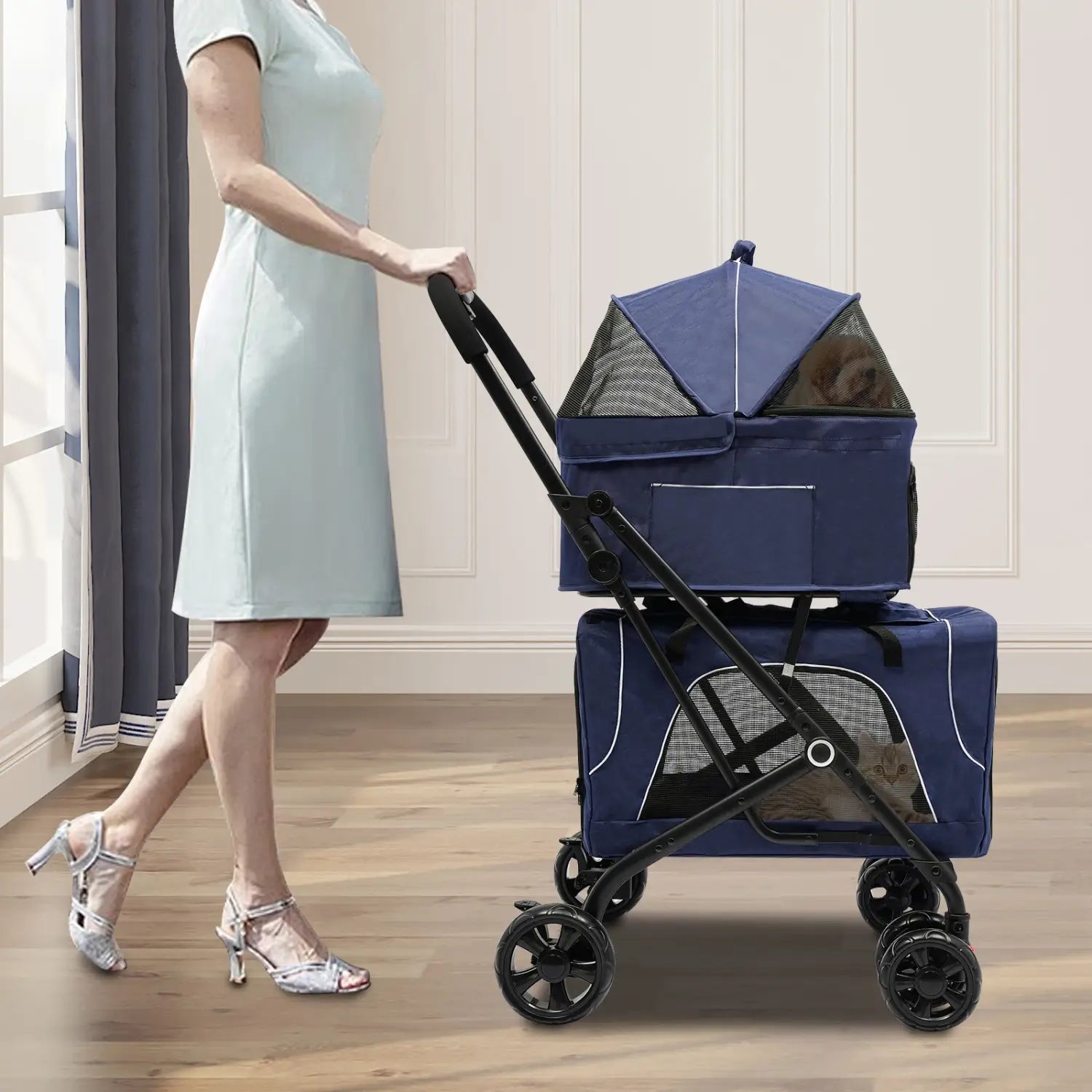 Cochecito plegable para perros y gatos, doble portador desmontable, fácil de transportar