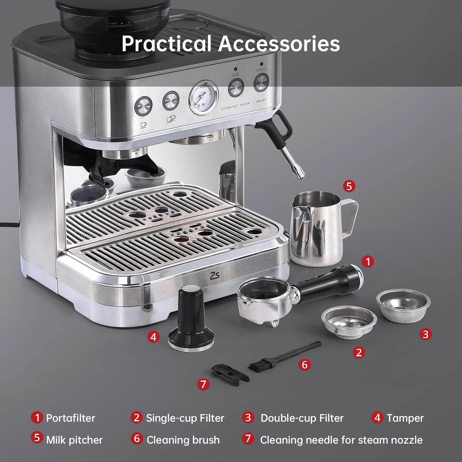 20 Bar Semi Automatic Espresso Maker with Grinder and Milk - Estalios