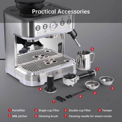 20 Bar Semi Automatic Espresso Maker with Grinder and Milk - Estalios
