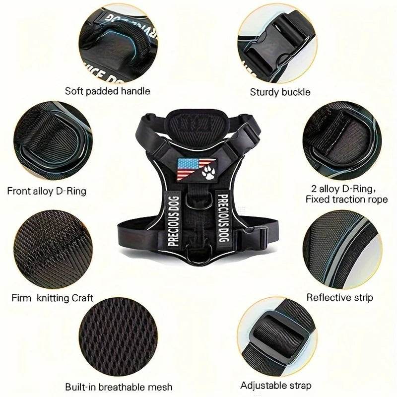 Reflective Service Dog Harness with 5 Patches, Adjustable - Estalios