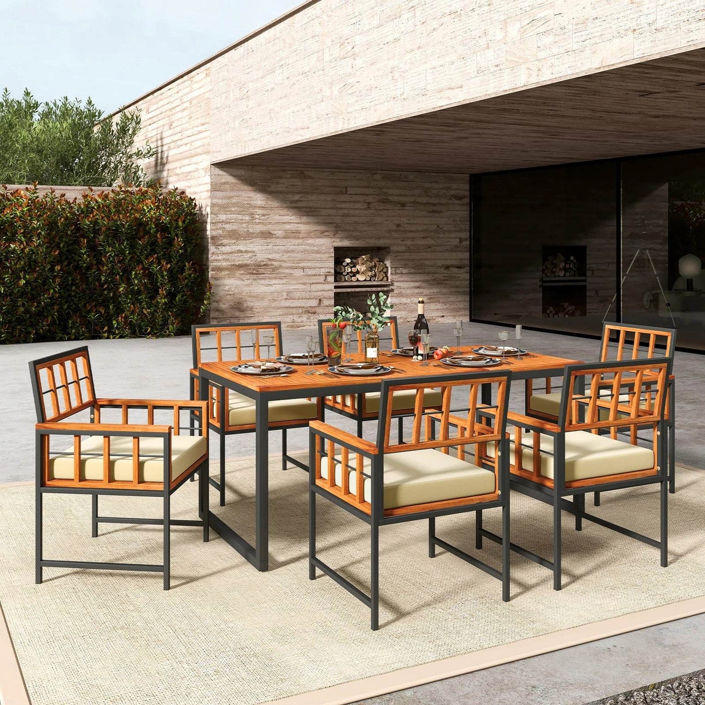 7 PCS Patio Dining Set with Acacia Wood Table and Cushions - Estalios