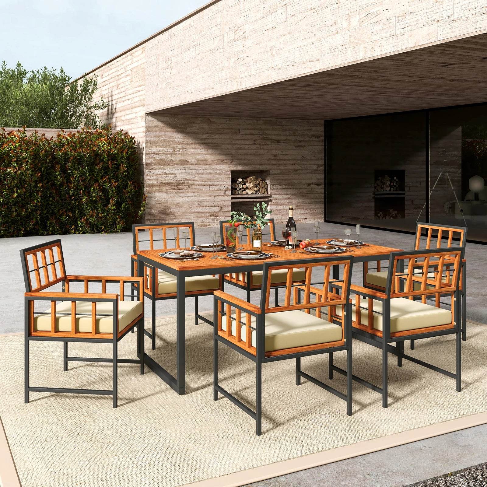 7 PCS Patio Dining Set with Acacia Wood Table and Cushions - Estalios