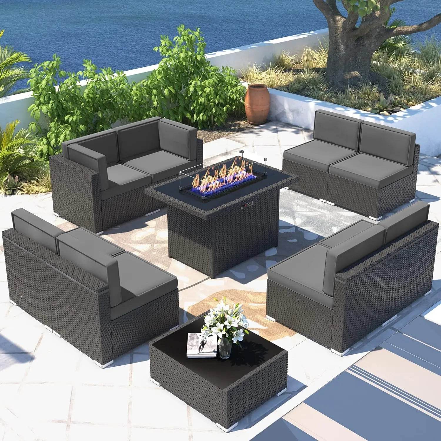 Patio Furniture Set Fire Pit Table Outdoor Sectional Sofa - Estalios