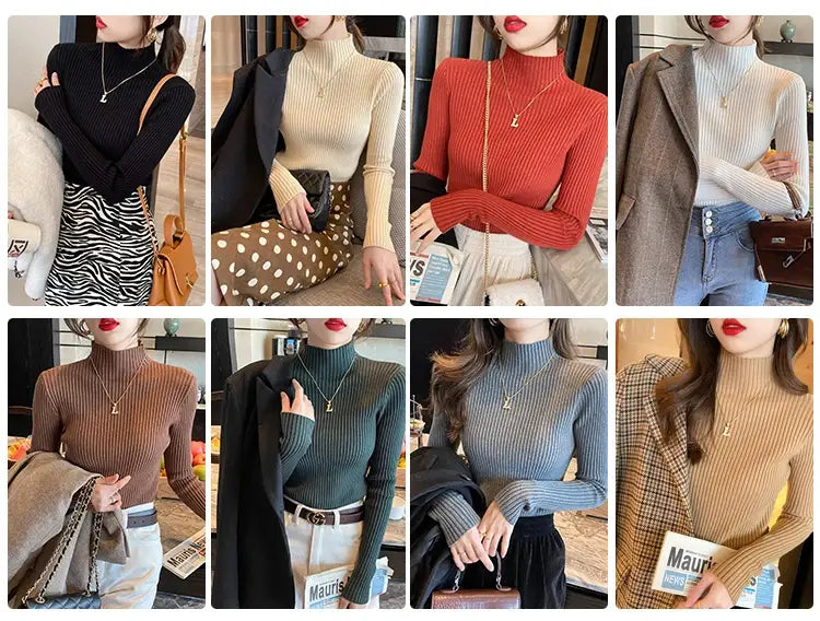 Suéter de cuello alto de punto básico sólido elegante para mujer