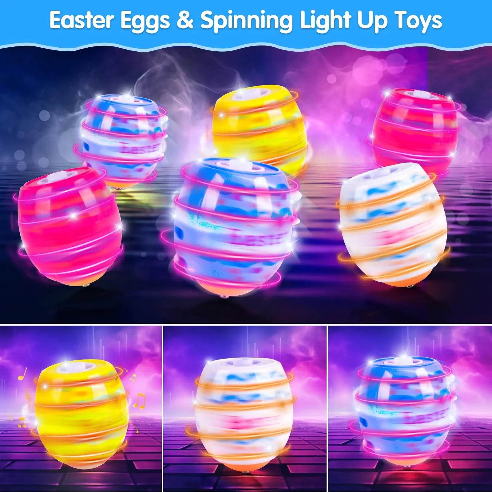 2024 TERRAMUS Easter Eggs Toys-6Pack Spinning Tops LED&Singing Party Favors Basket Stuffers Plastic Easter Gifts for Kids3+ - Estalios