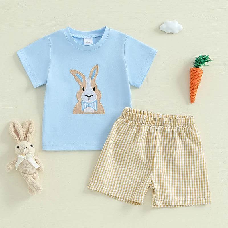 2024-11-25 Lioraitiin 0-3Y Toddler Baby Boy Easter Outfit Bunny/Cross Short Sleeve T-shirt Plaid Shorts 2pcs Summer Set - Estalios