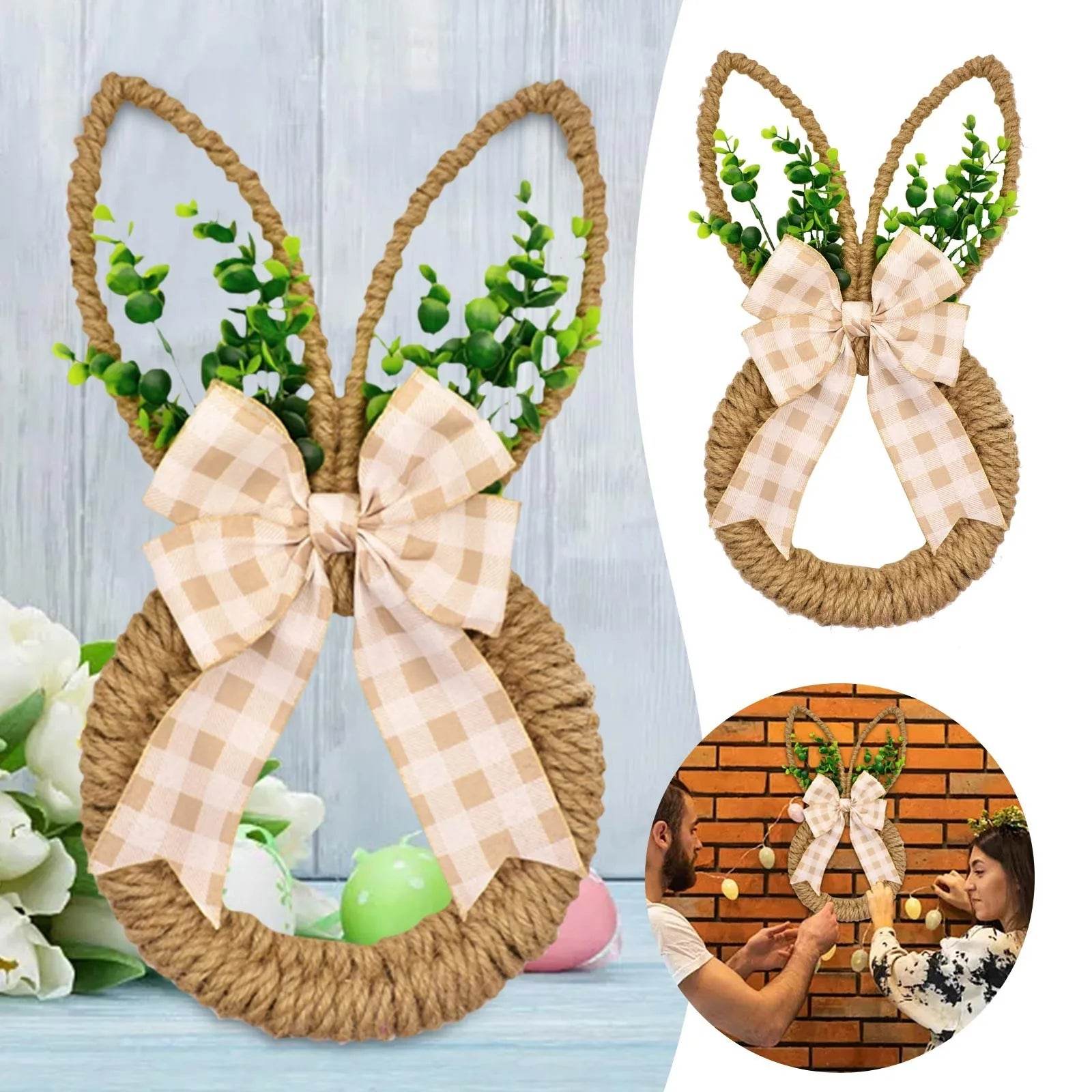 Handicrafts Spring Bunny Wreath For Spring And Easter Front Door Wall Window Decor Decorated With Bow And Green Advent Wreath - Estalios