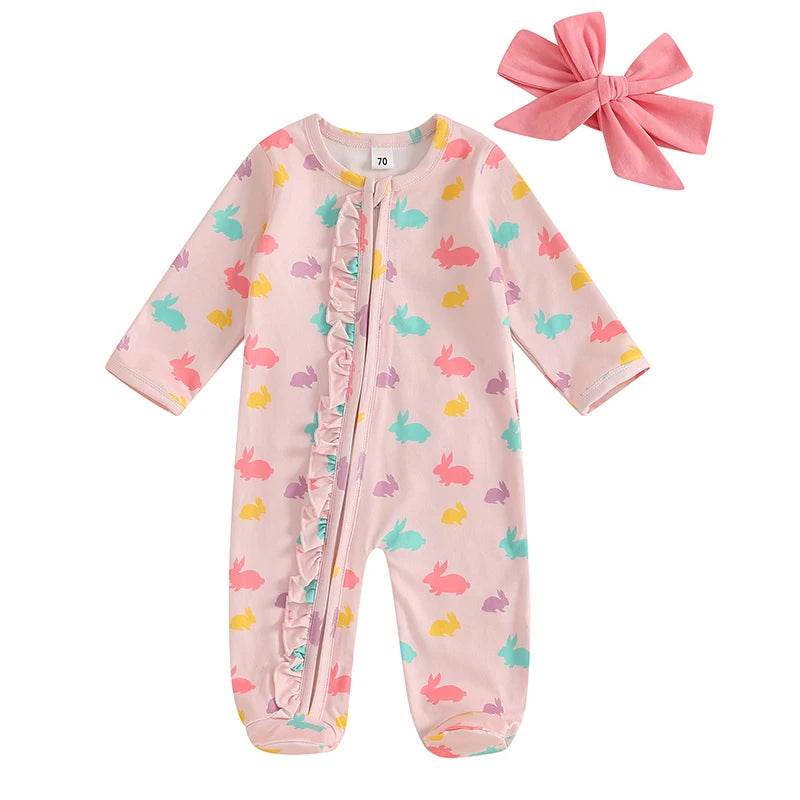 Toddler Girl 2-Piece Easter Dress Set with Bunny Print Long Sleeve Ruffle Jumpsuit and Matching Headband - Adorable Newborn - Estalios