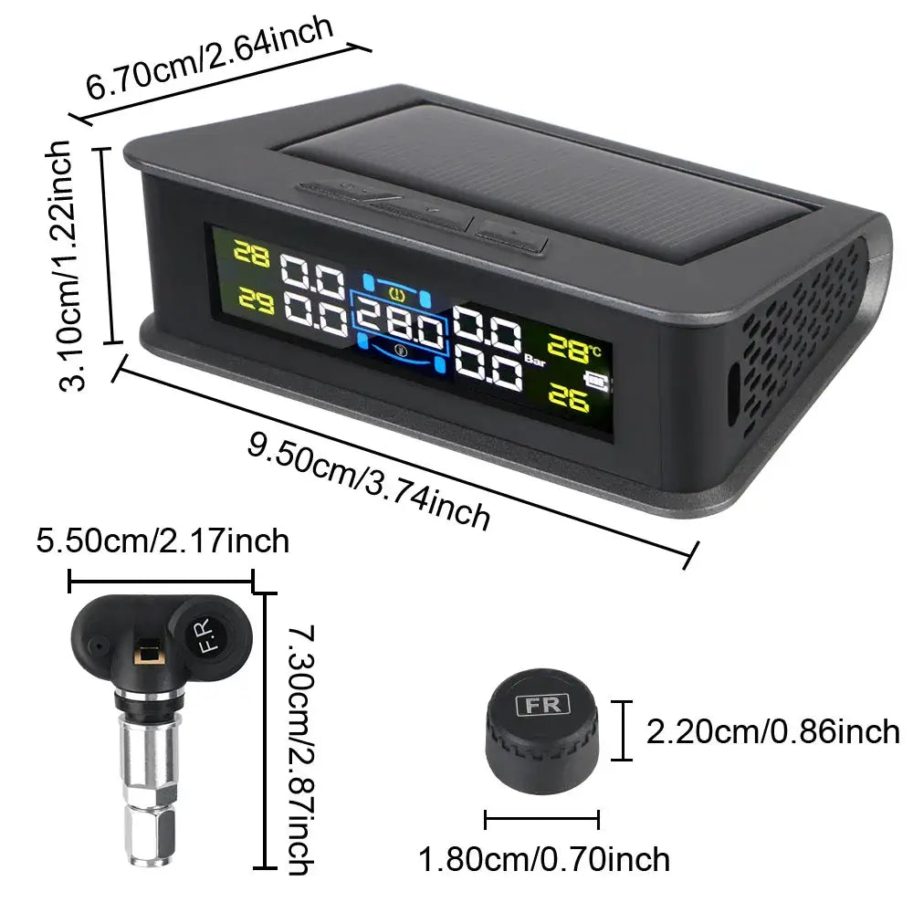 Solar Tire Pressure Monitoring System with 4 sensors for cars and fuel savings.
