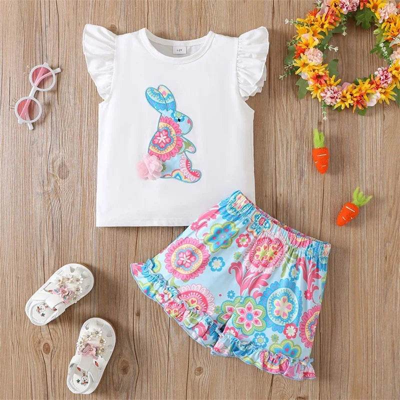 Toddler Girl 2-Piece Easter Outfits with Bunny Embroidery Top and Shorts Set for Spring Adorable Fly Sleeve Clothes - Estalios