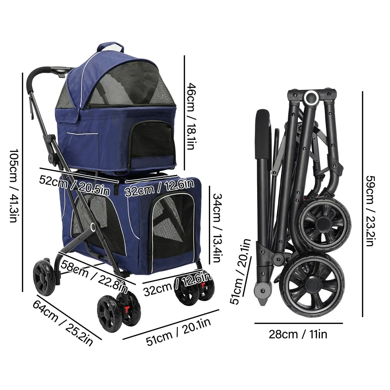 Cochecito plegable para perros y gatos, doble portador desmontable, fácil de transportar