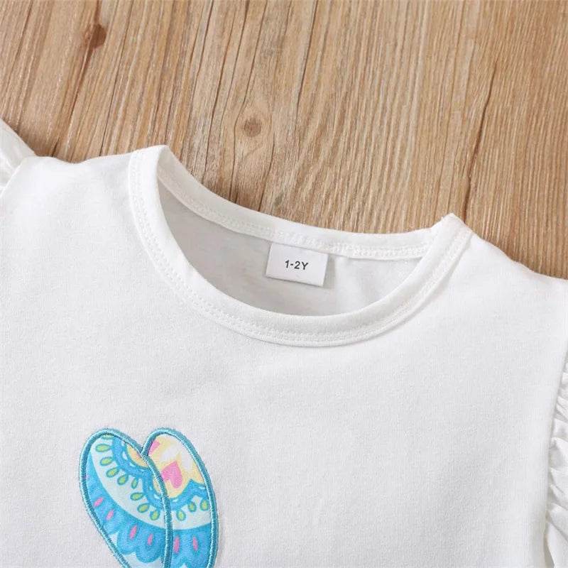 Toddler Girl 2-Piece Easter Outfits with Bunny Embroidery Top and Shorts Set for Spring Adorable Fly Sleeve Clothes - Estalios
