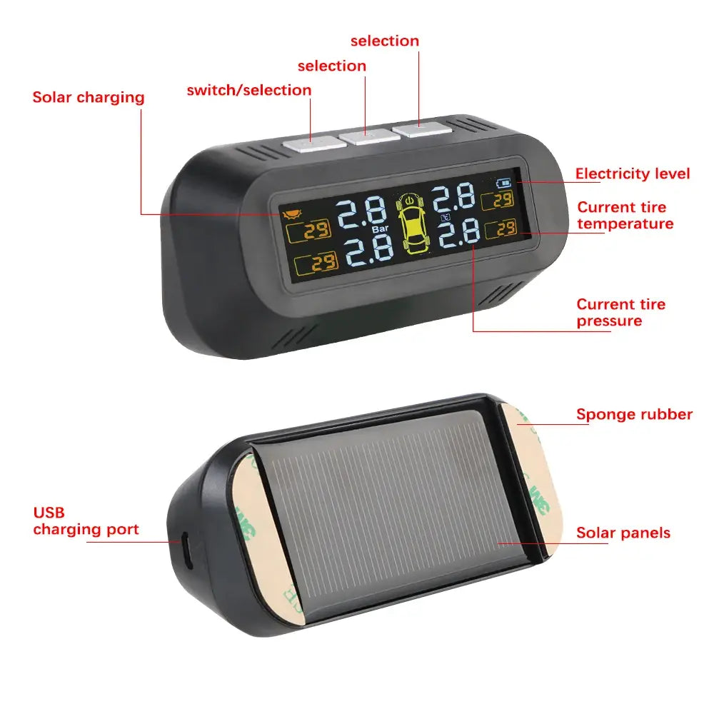 Solar-powered Tire Pressure Monitoring System with 4 external sensors for cars.