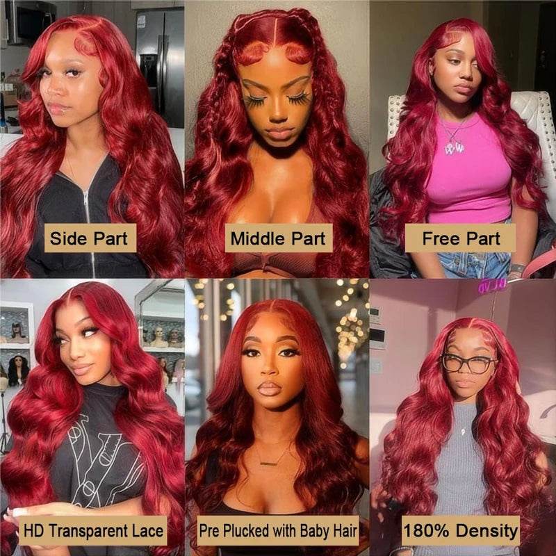 13X6 Body Wave Lace Frontal Human Hair Wig Burgundy 99J - Estalios