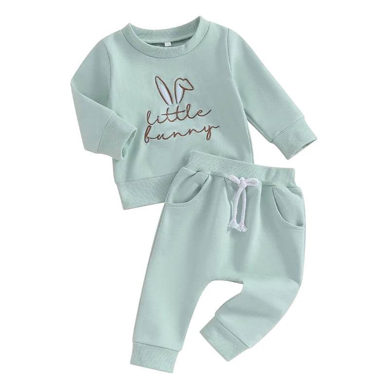 2023-11-07 Lioraitiin 0-3Y Toddler Girls Easter Outfit Letter Bunny Embroidery Long Sleeve Sweatshirt and Elastic Waist Pant Set - Estalios