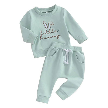 2023-11-07 Lioraitiin 0-3Y Toddler Girls Easter Outfit Letter Bunny Embroidery Long Sleeve Sweatshirt and Elastic Waist Pant Set - Estalios