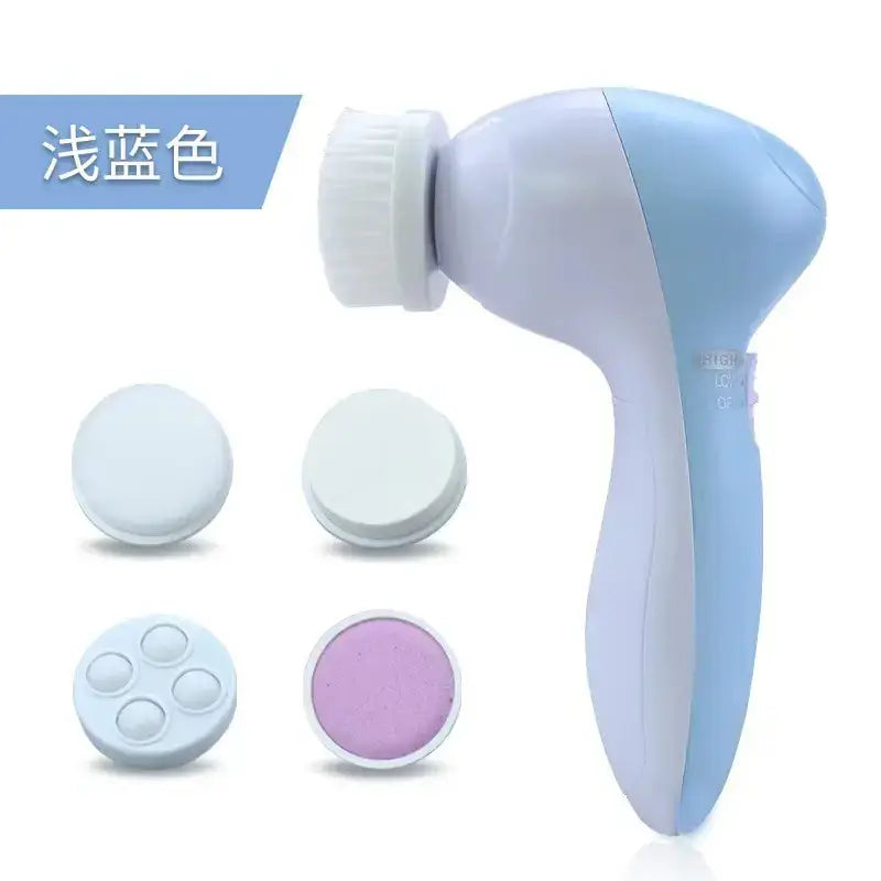 Blue and white 5-in-1 facial cleansing brush with interchangeable heads for skincare.