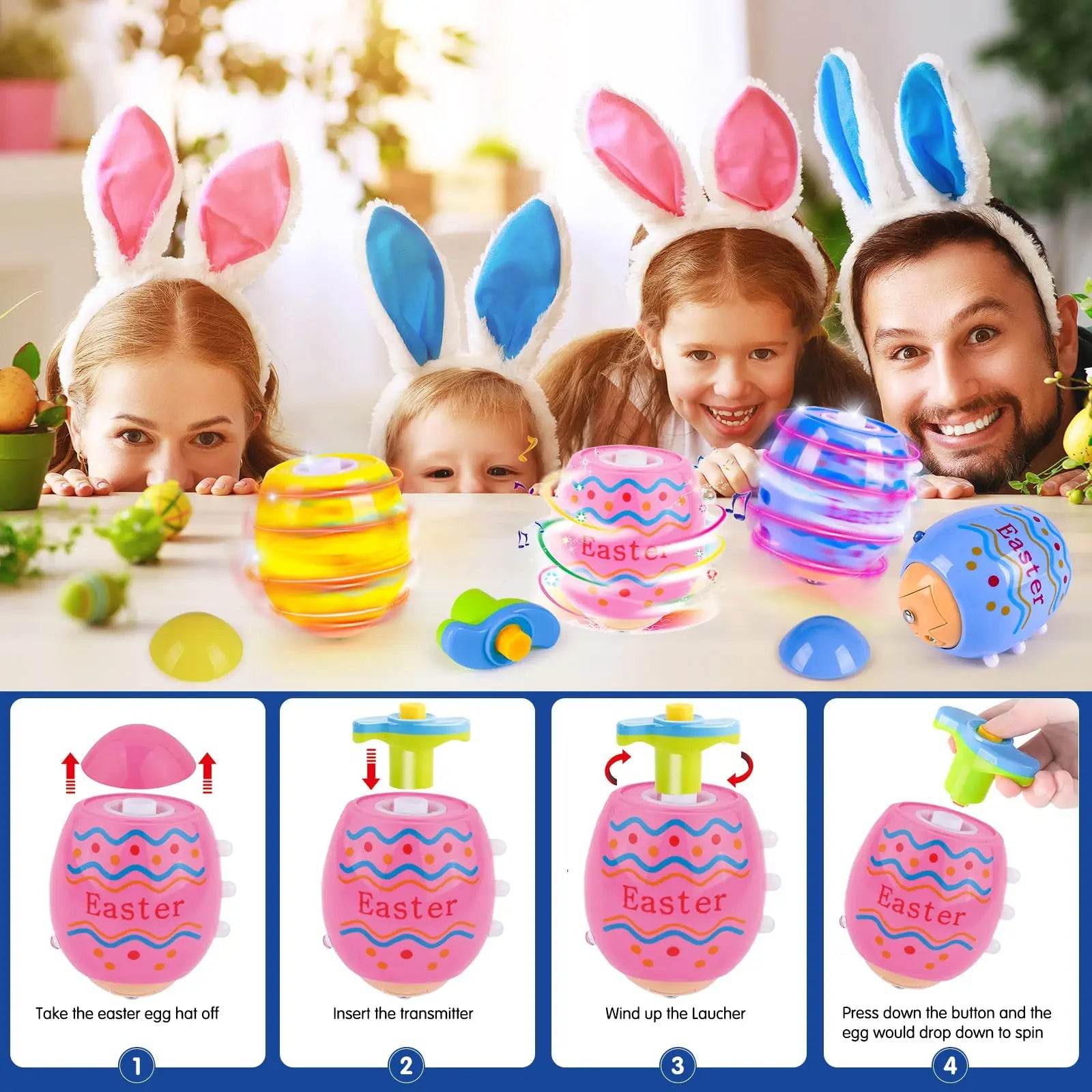 2024 TERRAMUS Easter Eggs Toys-6Pack Spinning Tops LED&Singing Party Favors Basket Stuffers Plastic Easter Gifts for Kids3+ - Estalios