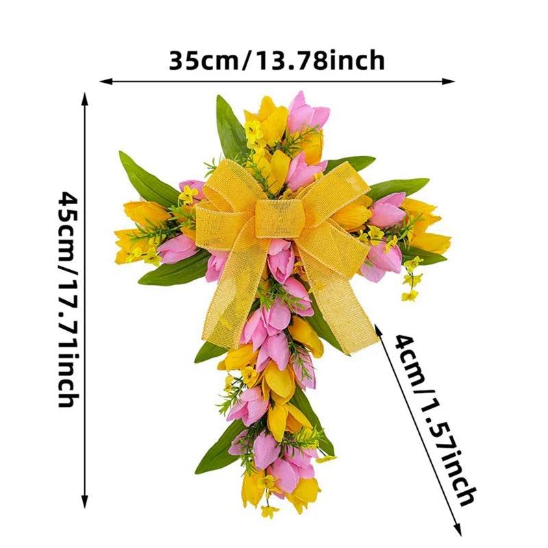Spring Easter Front Door Wreath Decoration Handmade Floral Wreath Church Wreath Easter Cross Wreath for Front Door - Estalios