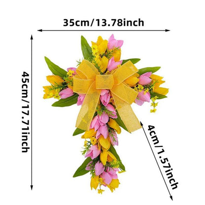 Spring Easter Front Door Wreath Decoration Handmade Floral Wreath Church Wreath Easter Cross Wreath for Front Door - Estalios