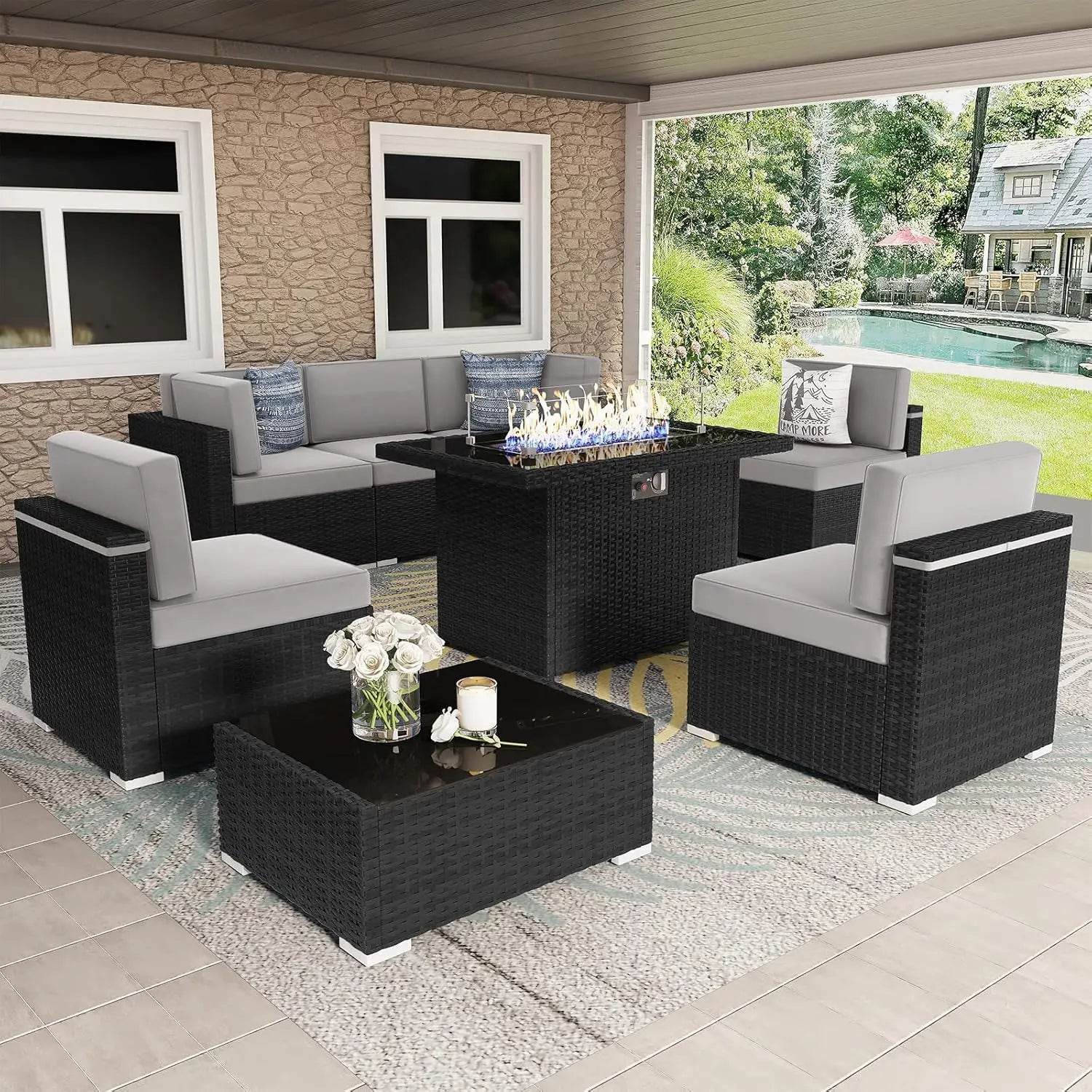 Patio Furniture Set Fire Pit Table Outdoor Sectional Sofa - Estalios
