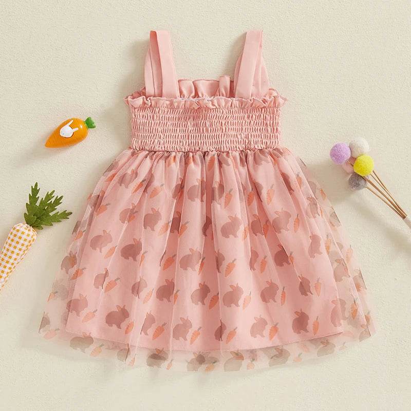 Girls Easter Bunny Print Sleeveless Dress Summer Fashion Casual Kids Princess Dress with Carrot Pattern - Estalios