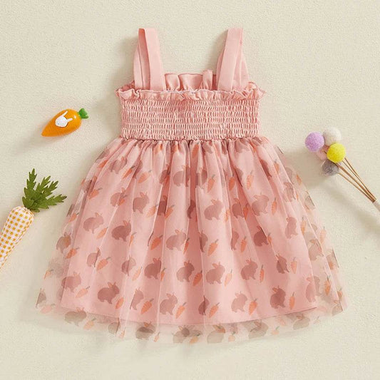 Girls Easter Bunny Print Sleeveless Dress Summer Fashion Casual Kids Princess Dress with Carrot Pattern - Estalios