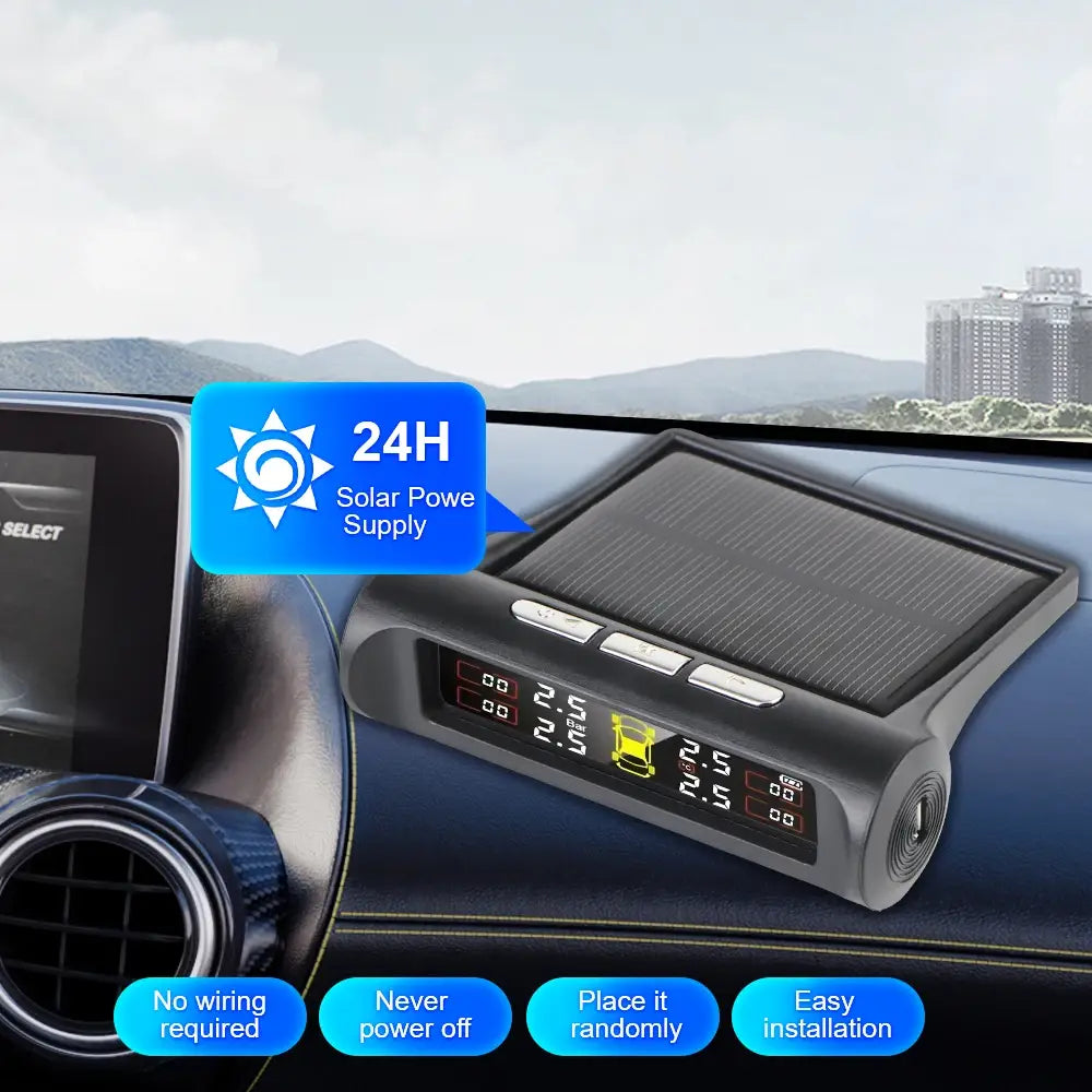Solar-powered Tire Pressure Monitoring System with 4 sensors for fuel savings and safety.