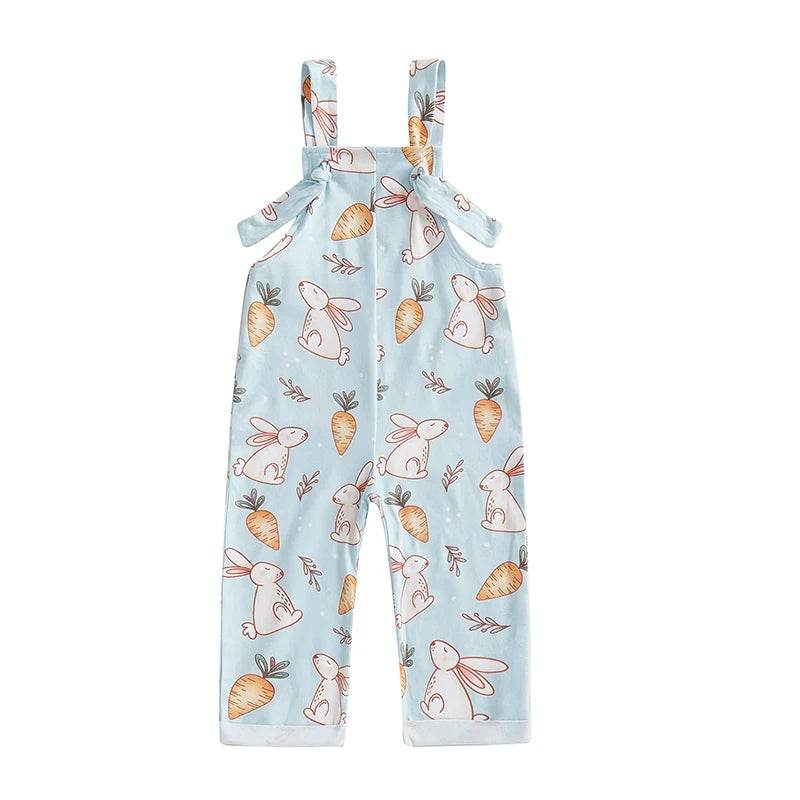 Easter Bunny Print Toddler Boy Sleeveless Square Neck Suspender Romper with Carrot and Cross Design - Estalios