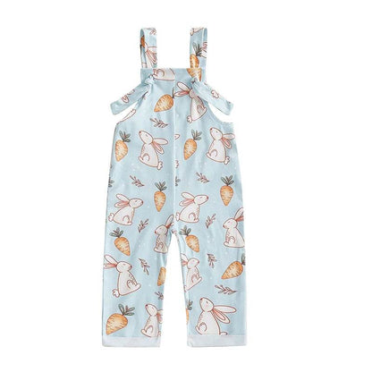 Easter Bunny Print Toddler Boy Sleeveless Square Neck Suspender Romper with Carrot and Cross Design - Estalios