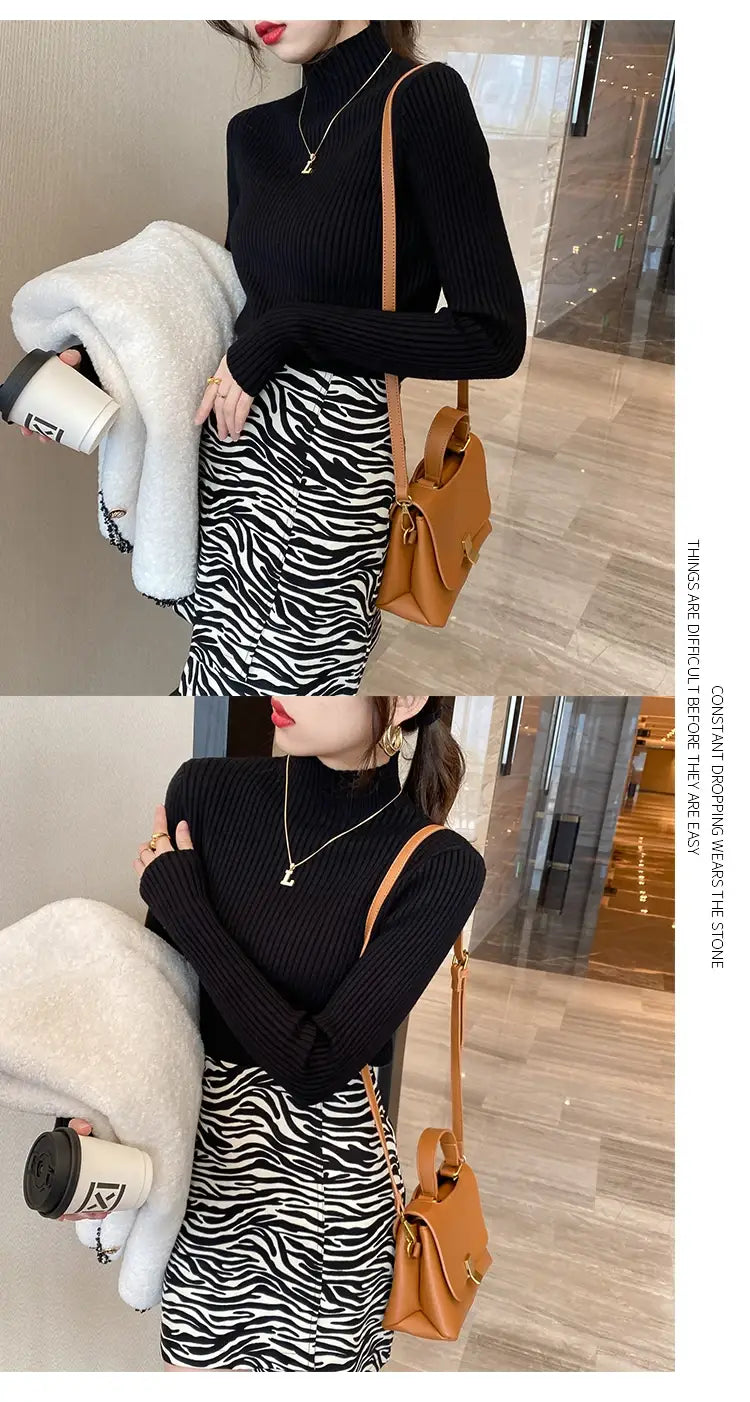 Suéter de cuello alto de punto básico sólido elegante para mujer