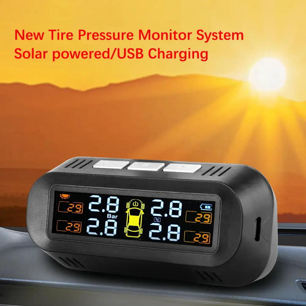 Solar Tire Pressure Monitoring System with Digital Display and 4 External Sensors.