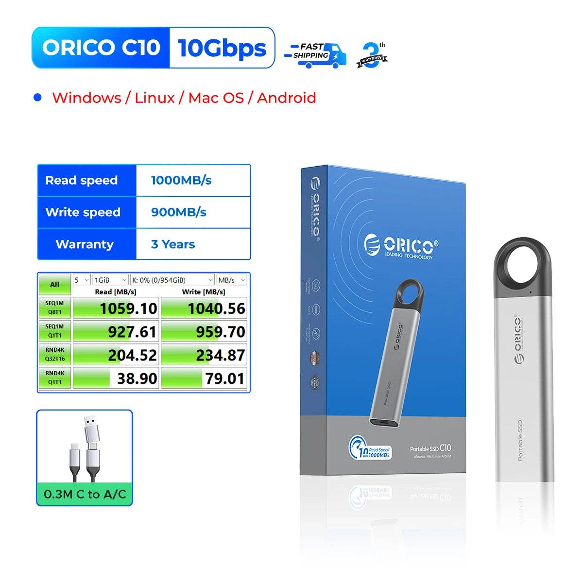 ORICO C10 1TB External SSD Up to 1050MB/S Portable Drive - Estalios