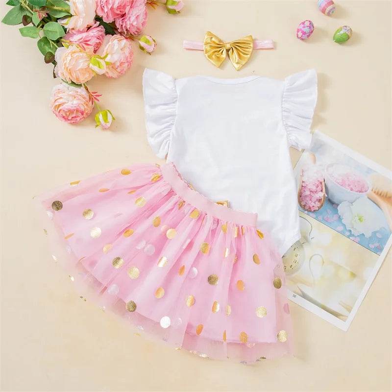 Toddler Girls Spring Floral Print Ruffle Sleeve Romper with Matching Bow Headband and Tulle Skirt - Easter Outfit - Estalios