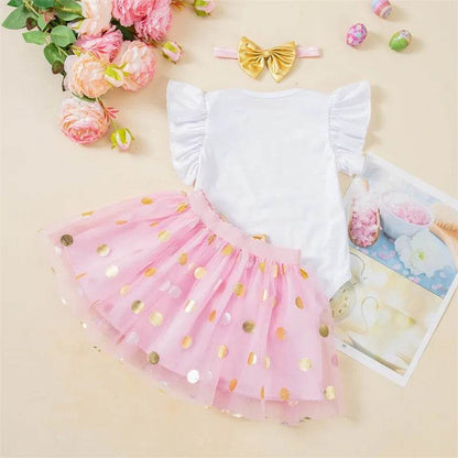 Toddler Girls Spring Floral Print Ruffle Sleeve Romper with Matching Bow Headband and Tulle Skirt - Easter Outfit - Estalios