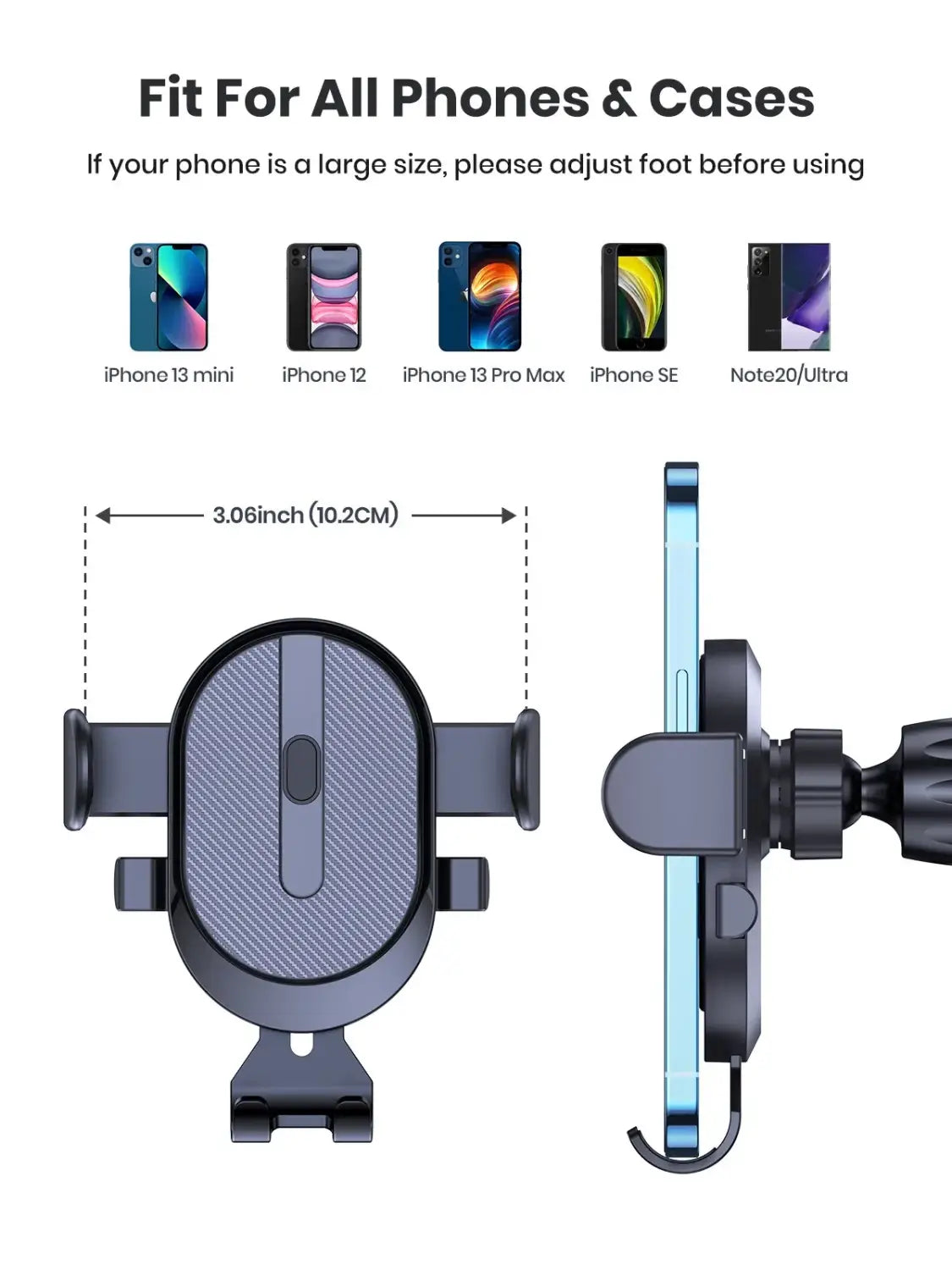 Adjustable phone holder for car air vent, fits iPhone and Samsung with auto locking feature.