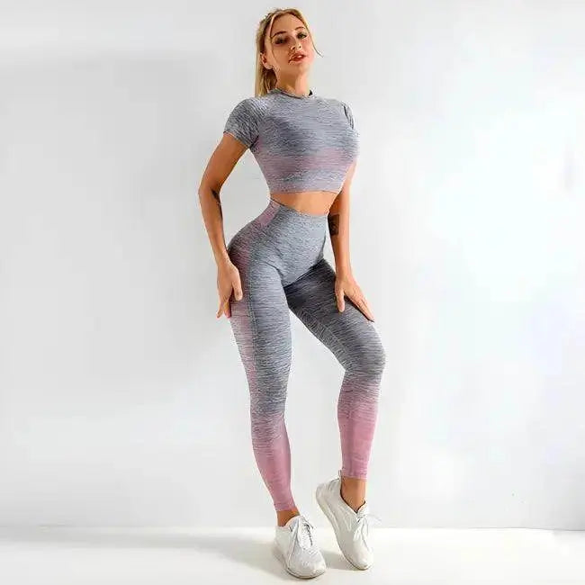 Sporty Chic Gray Pink Crop Set for Active Comfort - Estalios