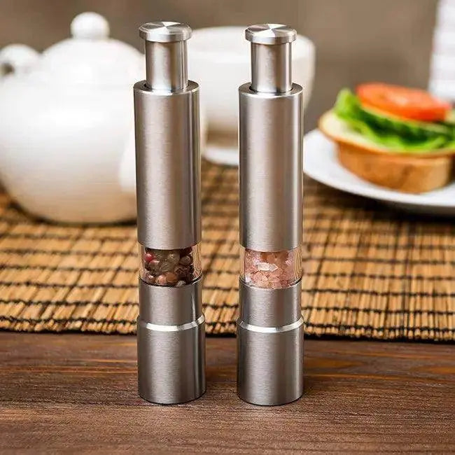 Stylish Stainless Salt and Pepper Grinder Set with Pink Salt for Flavorful Cooking - Estalios