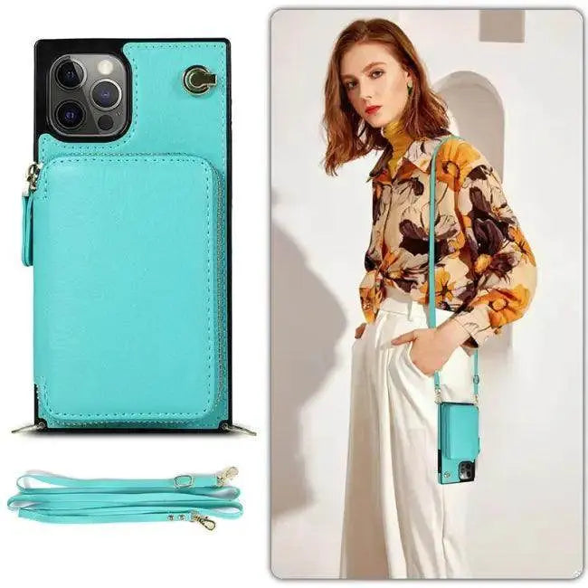 Stylish Turquoise Zipper Wallet Case with Crossbody Strap - Estalios